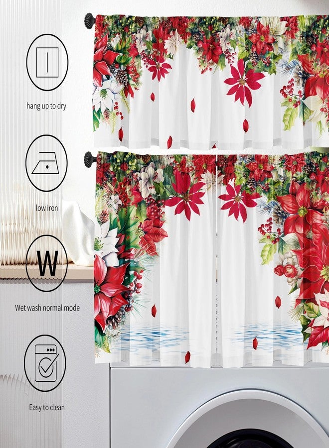 SUNWISHA Christmas Poinsettia Curtain Valances 3 Piece Set Upper Curtain 52'' Lx18'' W & Lower Curtain 36'' L X 26'' W X2 Kitchen Windows Decor Red - Image 4